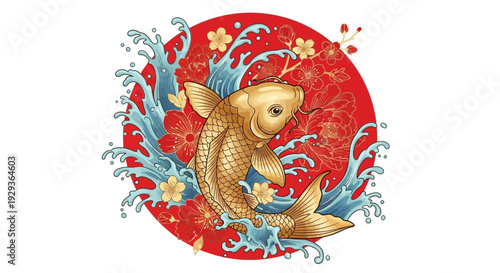 Golden Koi Fish Swimming in Water Waves with Cherry Blossoms and Red Sun
