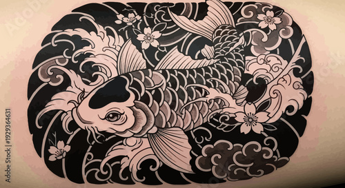 Japanese Koi Fish Tattoo Design with Cherry Blossoms and Waves
