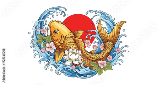 Golden Koi Fish Swimming in Water Waves with Cherry Blossoms and Sun