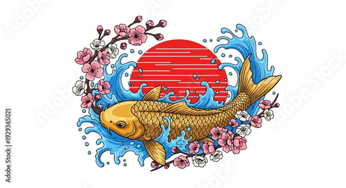 Golden Koi Fish Swimming Through Cherry Blossoms and Waves, Japanese Sun