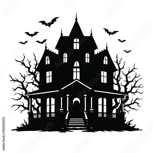 A spooky cartoon illustration of a haunted medieval castle on a hill at night with a full moon and silhouettes of old trees over a dark village