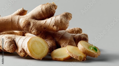 Fresh ginger root and sliced pieces on white background, close up view of natural spicy rhizome for cooking, health benefits and herbal medicine concept.