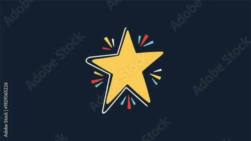 Bright yellow five pointed star with colorful rays of light shining out from its center on a dark blue background representing success or magic.