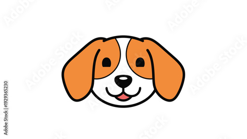 Adorable illustration of a happy beagle dog face with long orange ears and a pink tongue sticking out on a plain white background for pet lovers.