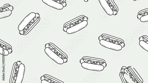Simple pattern of black and white line art hotdog illustrations scattered across a light grey background for a classic fast food themed design.