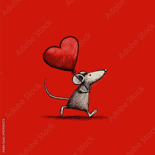 Cartoon gray rat running with a large red heart on a solid red background. Cute gray rat carrying red heart running
