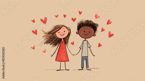 Smiling cartoon boy and girl with red hearts floating above them, depicting true love. Happy cartoon couple showing love and affection
