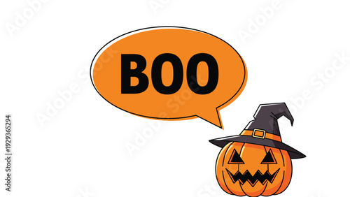Spooky jack-o-lantern wearing a pointed witch hat says boo in a large orange speech bubble for a fun and festive halloween greeting design.