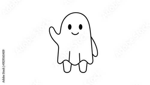 Cute simple line drawing of a friendly ghost waving its hand with a smiling face isolated on a white background.
