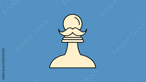 Illustration of a cream colored chess pawn character wearing a large mustache on a solid blue background.