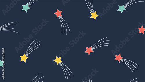 Seamless pattern featuring colorful shooting stars with white tails scattered across a dark navy blue background.