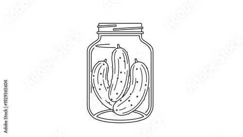 Simple line drawing of a glass jar filled with three bumpy pickled cucumbers isolated on a white background.