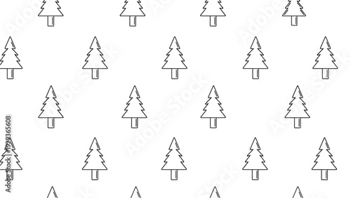 Repeating pattern of simple line drawn pine trees arranged in a grid across a clean white background.