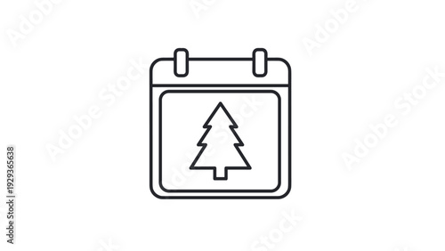 Icon of a wall calendar page featuring a simple line drawing of a pine tree symbolizing a date or event.
