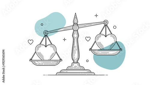 Intricate line drawing of a vintage balance scale weighing two large hearts with blue background splashes.