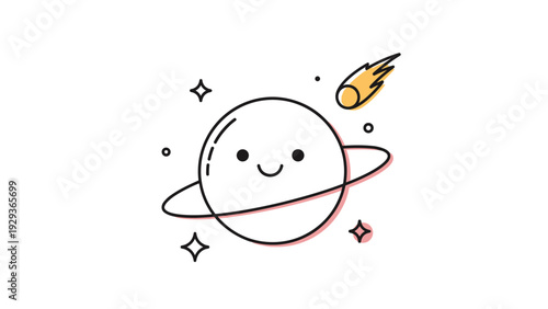 Cute smiling Saturn planet character with its rings next to a small flaming comet in space on white background.