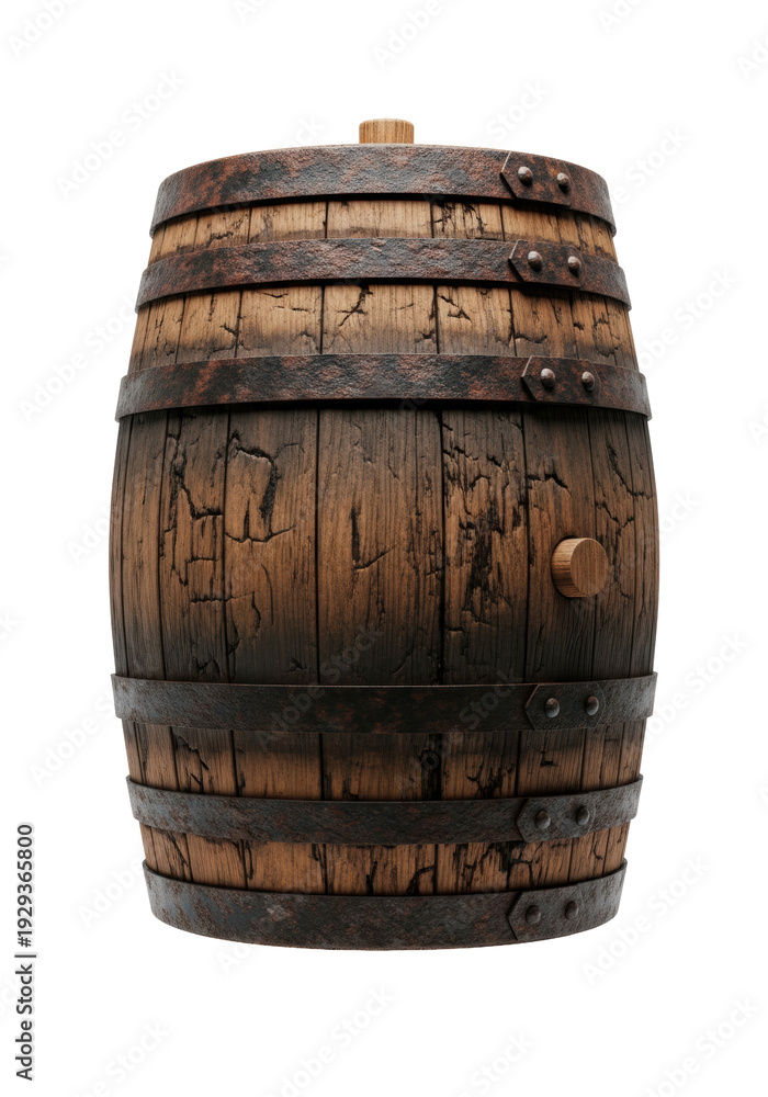 Obraz premium highly detailed, weathered vintage chestnut oak barrel, showing distressed wood grain and rusted metal hoops, isolated on a transparent background. concept of historical craftsmanship and distillation