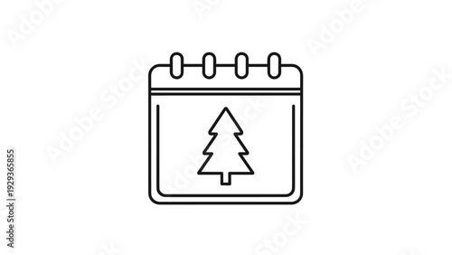 Graphic icon of a desktop calendar page with four binding rings showing a single pine tree illustration.