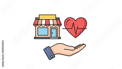 Set of three flat icons including a shop front, a heart with a heartbeat line, and a hand held open upwards.