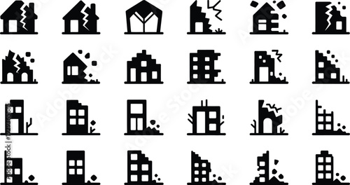 Damaged and destroyed house silhouettes in various states of disrepair