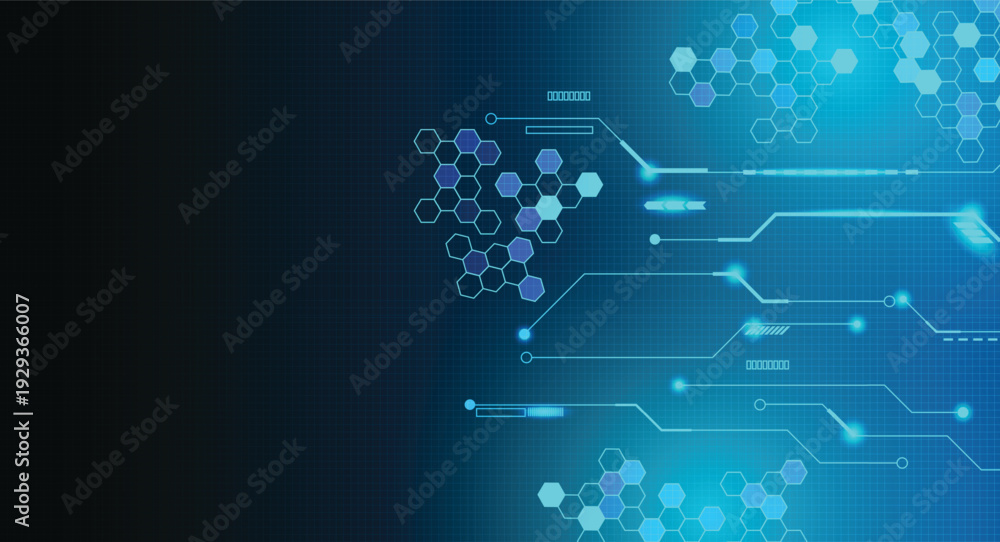 Obraz premium Futuristic Digital Technology Background with Hexagonal Patterns and Circuit Lines in Blue Tones