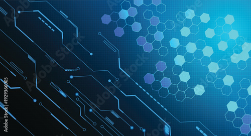 Futuristic Digital Technology Background with Hexagonal and Circuit Patterns in Blue Tones