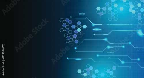 Futuristic Digital Technology Background with Hexagonal Patterns and Circuit Lines in Blue Tones