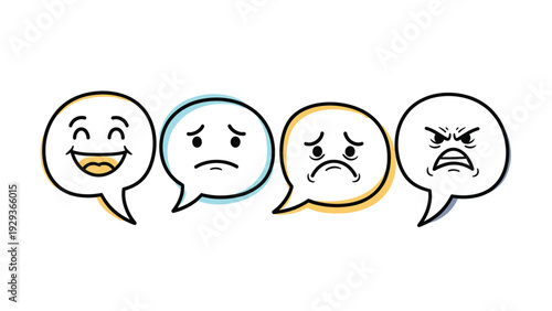 Row of speech bubbles featuring various facial expressions ranging from happy and sad to angry and confused for communicating different emotions.