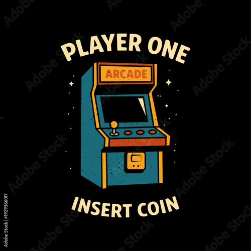 Retro Arcade Machine with Player One Insert Coin Text on Black Background