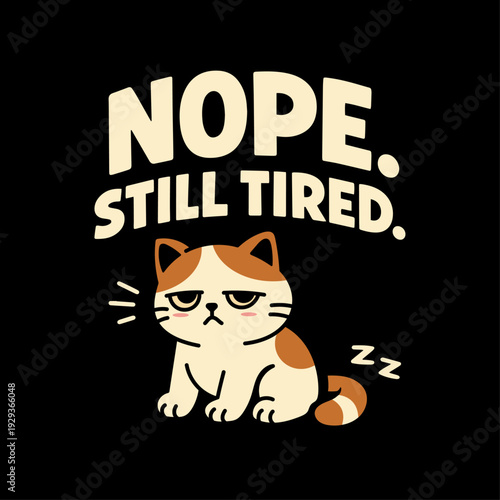 Grumpy Cat Still Tired Illustration with Sleepy Zzz Symbols on Black Background