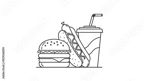 Simple black and white line art illustration of classic fast food items including a delicious burger, hotdog, and a soda cup with a straw.