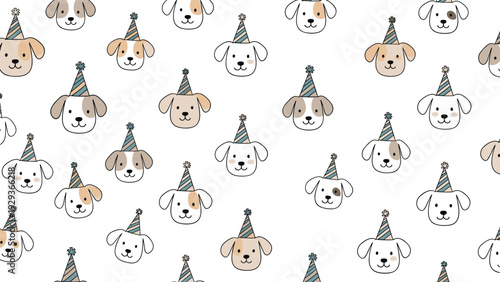 Playful pattern of cute dog heads wearing colorful striped party hats on a white background for a happy birthday celebration or festive event.