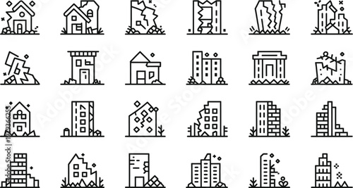 Set of simple line drawings of various buildings and houses