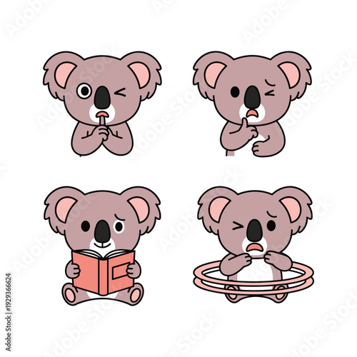 Cute cartoon koalas expressing emotions and having fun with copy space