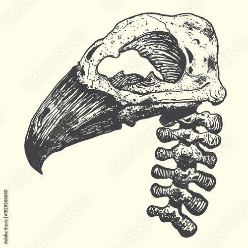Vintage illustration of a detailed bird skull and spine, vintage etching style, isolated on cream background