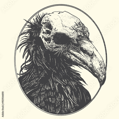 Vintage illustration of a vulture skull within an oval frame, detailed feathers, macabre, isolated on cream