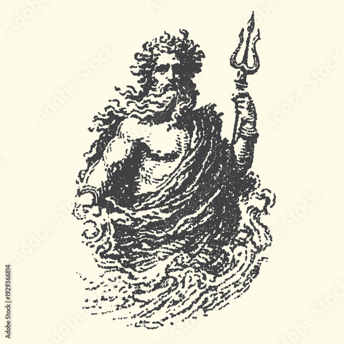 Illustration of Poseidon, Greek god of the sea, holding a trident, emerging from waves, vintage style