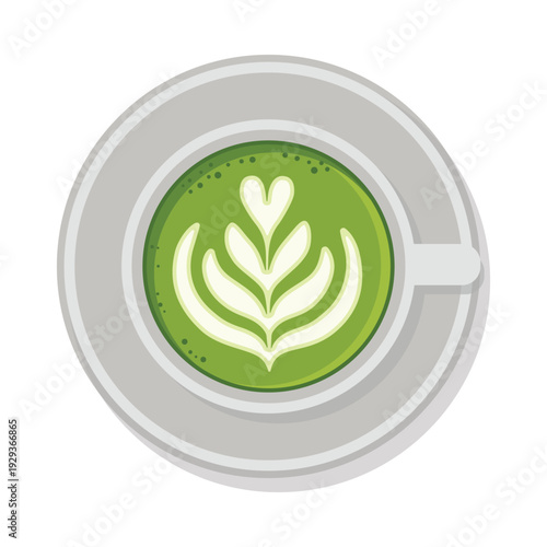 Green Tea Matcha Latte Cup Icon with Heart Art Top View Flat Vector. 