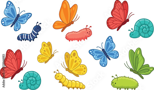 Cute colorful butterflies caterpillars and snails vector illustration, playful cartoon insects with bright wings for kids spring nature garden and whimsical designs