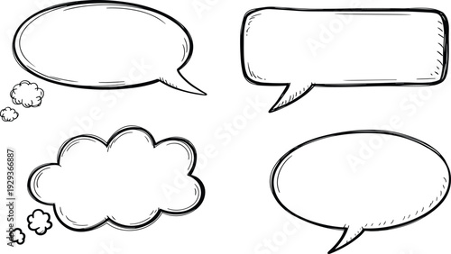 Four Hand Drawn Speech Bubbles and Thought Bubbles on White Background Keywords: speech bubble, thought bubble, comic, cartoon