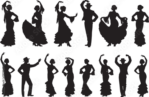 Black silhouette illustrations of flamenco dancers, male and female figures, traditional attire, ruffled dresses, expressive poses, cultural dance, Spanish art form