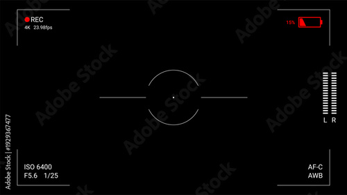 Camera recording interface with digital HUD layout, timecode, battery status, audio level meters, focus indicators and electronic level indicator. Clean technical vector overlay for video production, 