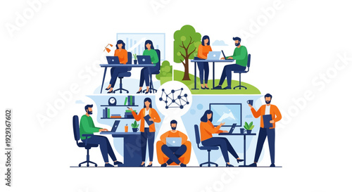 Flexible Hybrid Workplace: Diverse Teams Working Remotely, In-Office, and Outdoors, Connected by Digital Collaboration Network