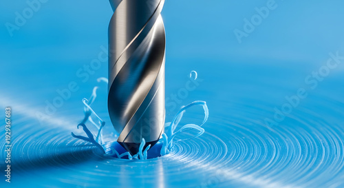 Macro View of Metal Drill Bit Drilling into Blue Plastic Material with Spiraling Shavings