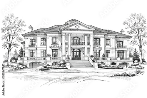 A historic black and white exterior of an ancient building on a snow-covered street captures the urban history of an old house in the winter city of Moscow