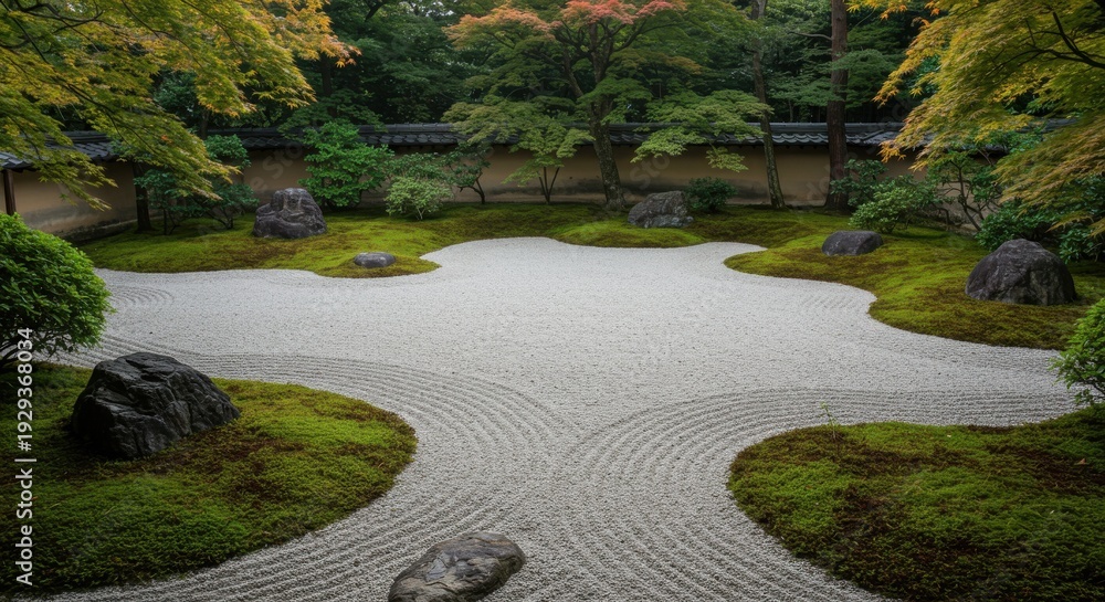 Fototapeta premium 日本の禅庭園の砂紋と岩、緑豊かな苔と紅葉の木々