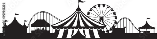 Black and white carnival silhouette with ferris wheel and roller coaster