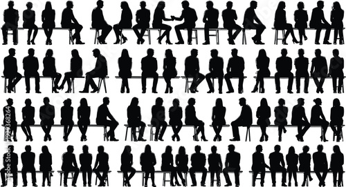 Silhouette of people sitting on benches and chairs set isolated on white background vector,
