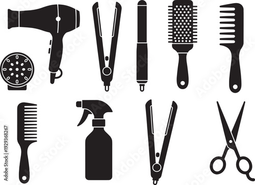 Black silhouette illustrations of hair styling tools, hair dryer, flat iron, curling iron, combs, brush, spray bottle, scissors, beauty industry, hair care