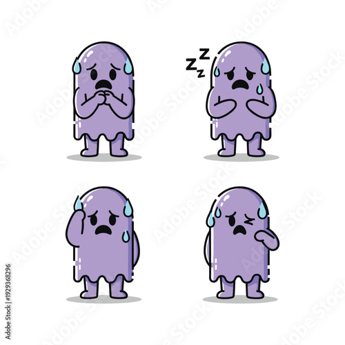 Cartoon character showing different tired and sleepy expressions with copy space